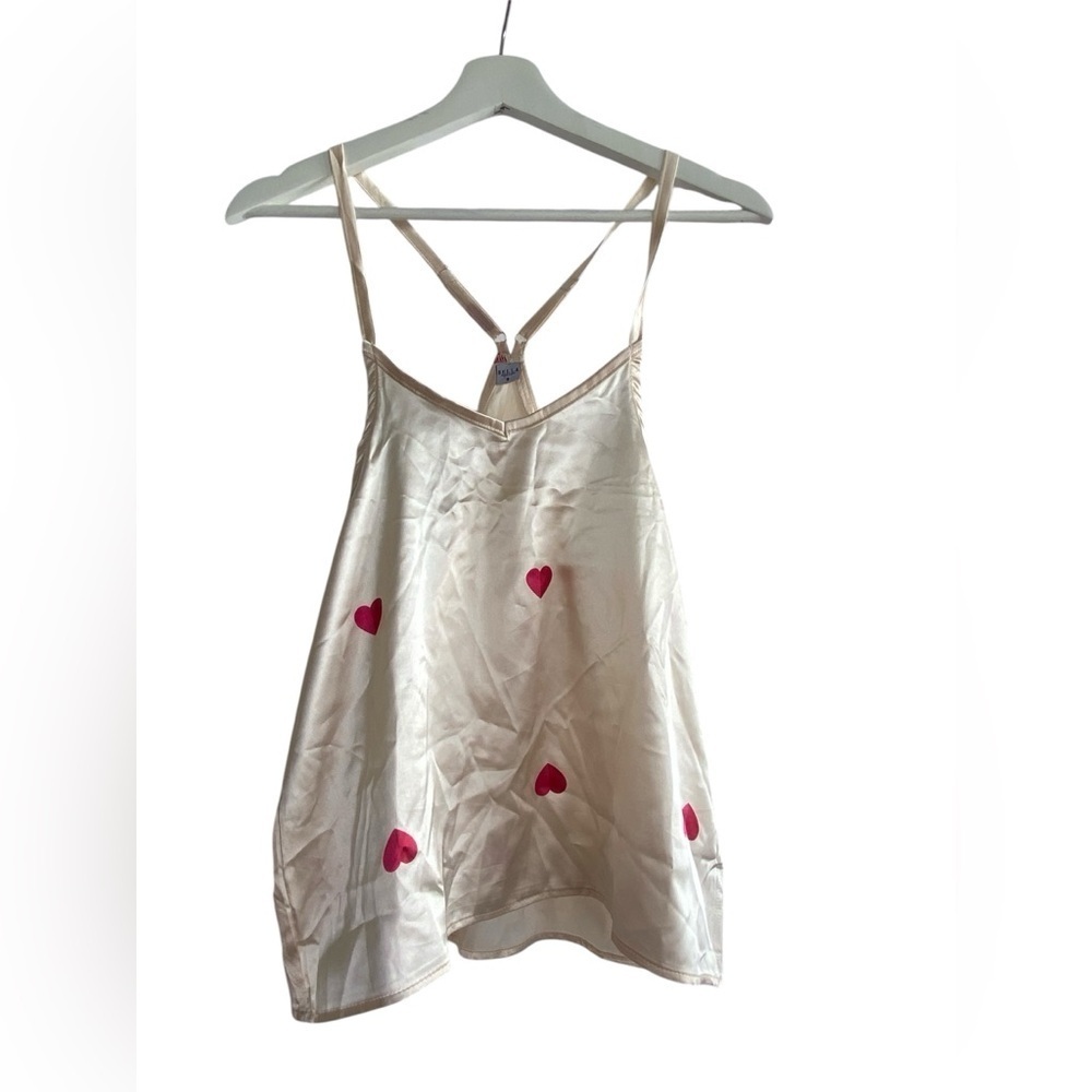 Bella Sleep Spa Satin Heart Pajama Top Cream Pink Silk Cami Tank Lovecore Size S